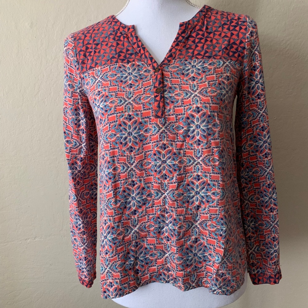 Boho Chic Patterned Blouse Top Red Camel